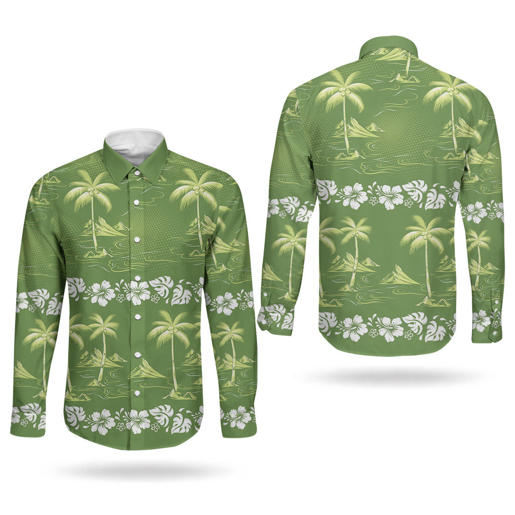 Olive Green Hawaii Palm Tree Hibiscus Couples Matching Off The Shoulder Long Sleeve Dress and Long Sleeve Button Shirt Fantasy Summer Vibe