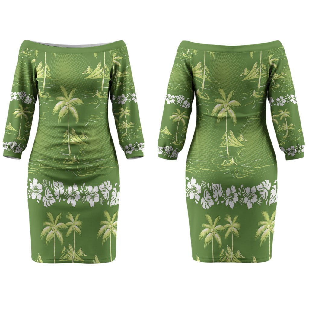 Olive Green Hawaii Palm Tree Hibiscus Couples Matching Off The Shoulder Long Sleeve Dress and Long Sleeve Button Shirt Fantasy Summer Vibe