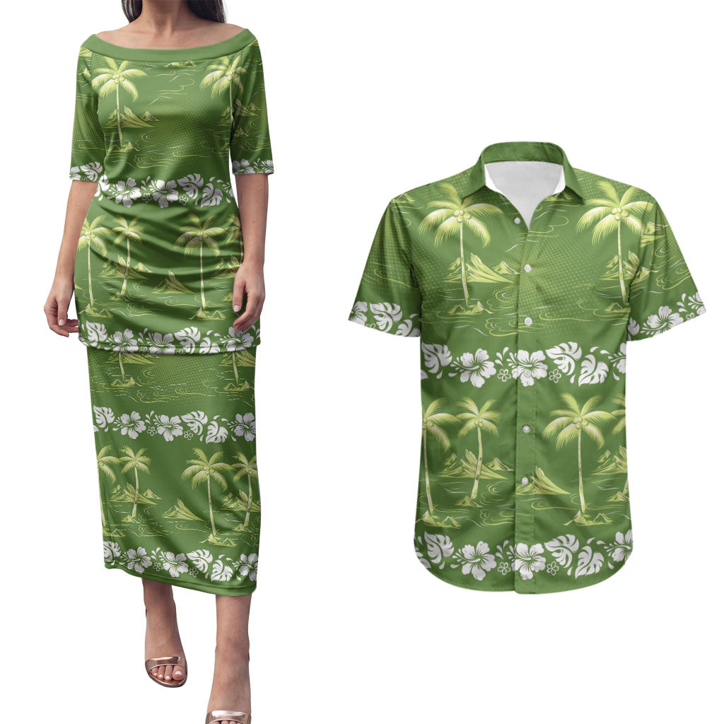 Olive Green Hawaii Palm Tree Hibiscus Couples Matching Puletasi and Hawaiian Shirt Fantasy Summer Vibe
