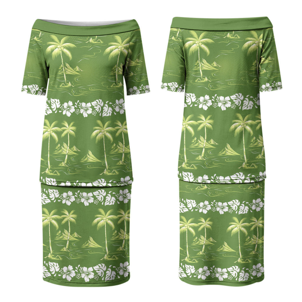 Olive Green Hawaii Palm Tree Hibiscus Couples Matching Puletasi and Hawaiian Shirt Fantasy Summer Vibe
