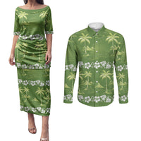 Olive Green Hawaii Palm Tree Hibiscus Couples Matching Puletasi and Long Sleeve Button Shirt Fantasy Summer Vibe