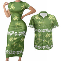 Olive Green Hawaii Palm Tree Hibiscus Couples Matching Short Sleeve Bodycon Dress and Hawaiian Shirt Fantasy Summer Vibe