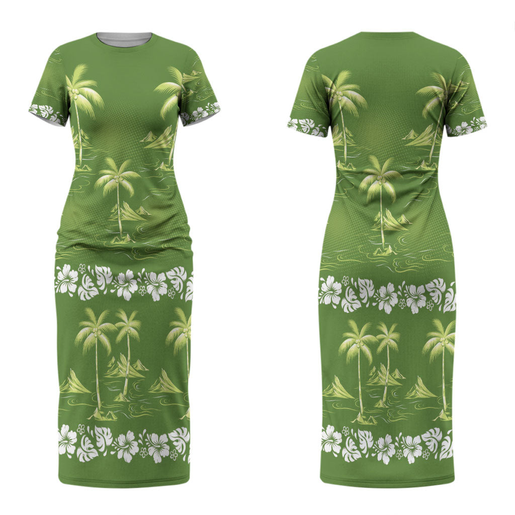 Olive Green Hawaii Palm Tree Hibiscus Couples Matching Short Sleeve Bodycon Dress and Hawaiian Shirt Fantasy Summer Vibe