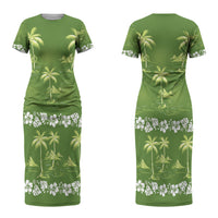 Olive Green Hawaii Palm Tree Hibiscus Couples Matching Short Sleeve Bodycon Dress and Hawaiian Shirt Fantasy Summer Vibe