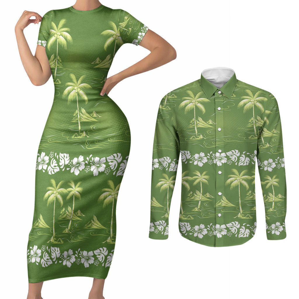 Olive Green Hawaii Palm Tree Hibiscus Couples Matching Short Sleeve Bodycon Dress and Long Sleeve Button Shirt Fantasy Summer Vibe