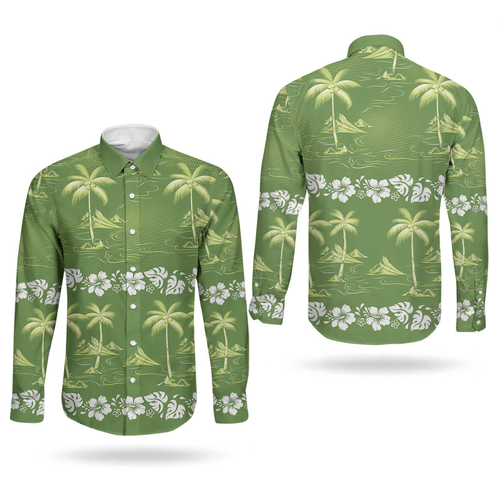 Olive Green Hawaii Palm Tree Hibiscus Couples Matching Short Sleeve Bodycon Dress and Long Sleeve Button Shirt Fantasy Summer Vibe