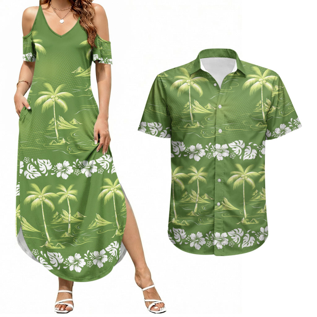 Olive Green Hawaii Palm Tree Hibiscus Couples Matching Summer Maxi Dress and Hawaiian Shirt Fantasy Summer Vibe