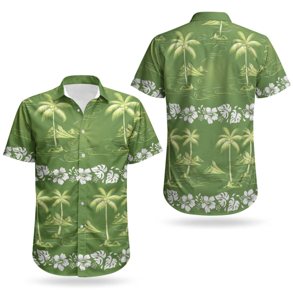 Olive Green Hawaii Palm Tree Hibiscus Couples Matching Summer Maxi Dress and Hawaiian Shirt Fantasy Summer Vibe