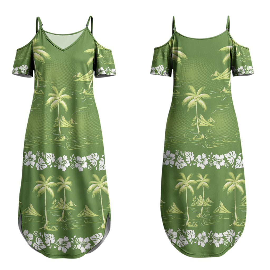 Olive Green Hawaii Palm Tree Hibiscus Couples Matching Summer Maxi Dress and Hawaiian Shirt Fantasy Summer Vibe