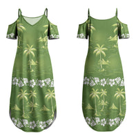 Olive Green Hawaii Palm Tree Hibiscus Couples Matching Summer Maxi Dress and Hawaiian Shirt Fantasy Summer Vibe
