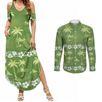 Olive Green Hawaii Palm Tree Hibiscus Couples Matching Summer Maxi Dress and Long Sleeve Button Shirt Fantasy Summer Vibe