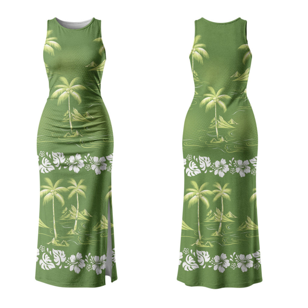 Olive Green Hawaii Palm Tree Hibiscus Couples Matching Tank Maxi Dress and Hawaiian Shirt Fantasy Summer Vibe