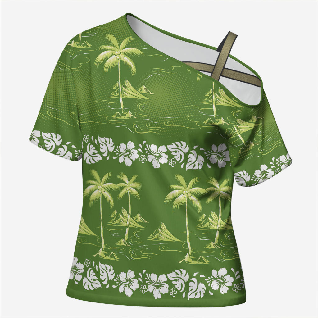 Olive Green Hawaii Palm Tree Hibiscus Cross Shoulder Shirt Fantasy Summer Vibe