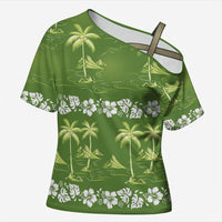 Olive Green Hawaii Palm Tree Hibiscus Cross Shoulder Shirt Fantasy Summer Vibe