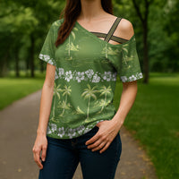 Olive Green Hawaii Palm Tree Hibiscus Cross Shoulder Shirt Fantasy Summer Vibe