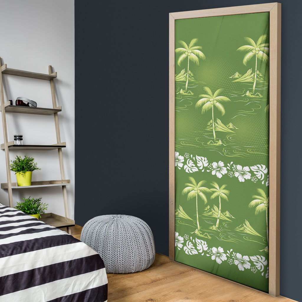Olive Green Hawaii Palm Tree Hibiscus Door Cover Fantasy Summer Vibe