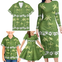 Olive Green Hawaii Palm Tree Hibiscus Family Matching Long Sleeve Bodycon Dress and Hawaiian Shirt Fantasy Summer Vibe