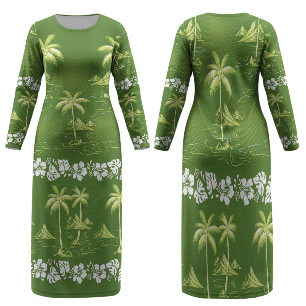 Olive Green Hawaii Palm Tree Hibiscus Family Matching Long Sleeve Bodycon Dress and Hawaiian Shirt Fantasy Summer Vibe