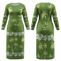 Olive Green Hawaii Palm Tree Hibiscus Family Matching Long Sleeve Bodycon Dress and Hawaiian Shirt Fantasy Summer Vibe