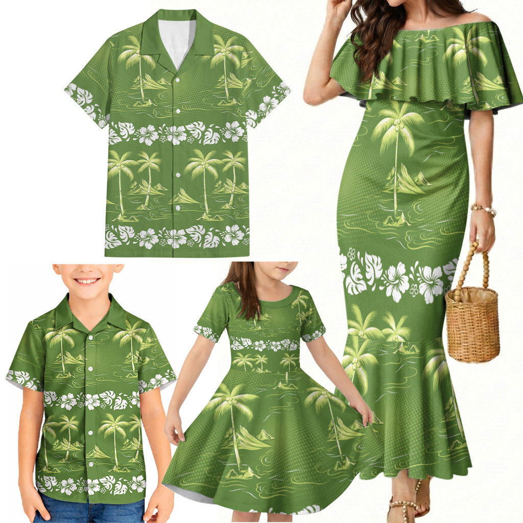 Olive Green Hawaii Palm Tree Hibiscus Family Matching Mermaid Dress and Hawaiian Shirt Fantasy Summer Vibe