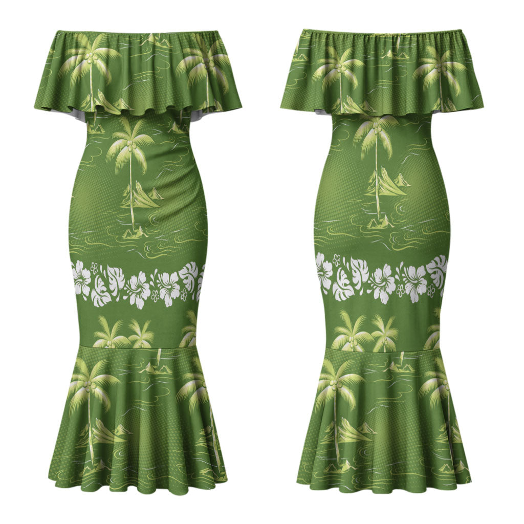 Olive Green Hawaii Palm Tree Hibiscus Family Matching Mermaid Dress and Hawaiian Shirt Fantasy Summer Vibe