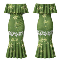Olive Green Hawaii Palm Tree Hibiscus Family Matching Mermaid Dress and Hawaiian Shirt Fantasy Summer Vibe