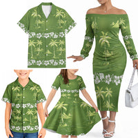 Olive Green Hawaii Palm Tree Hibiscus Family Matching Off The Shoulder Long Sleeve Dress and Hawaiian Shirt Fantasy Summer Vibe