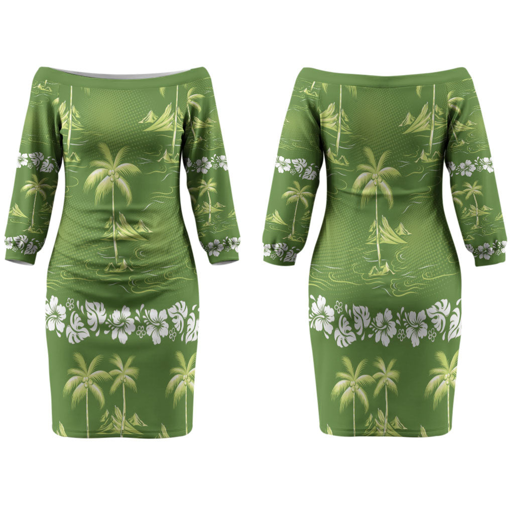 Olive Green Hawaii Palm Tree Hibiscus Family Matching Off The Shoulder Long Sleeve Dress and Hawaiian Shirt Fantasy Summer Vibe