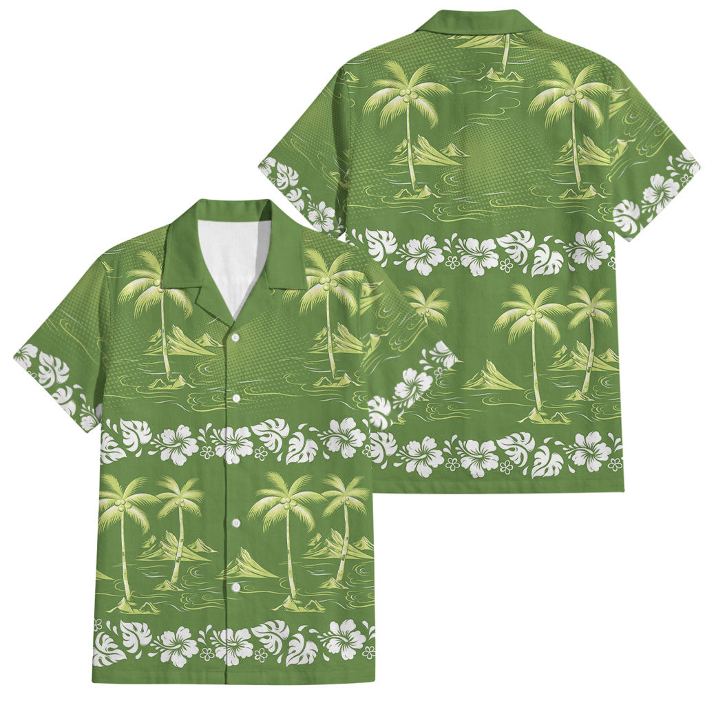 Olive Green Hawaii Palm Tree Hibiscus Family Matching Off The Shoulder Long Sleeve Dress and Hawaiian Shirt Fantasy Summer Vibe