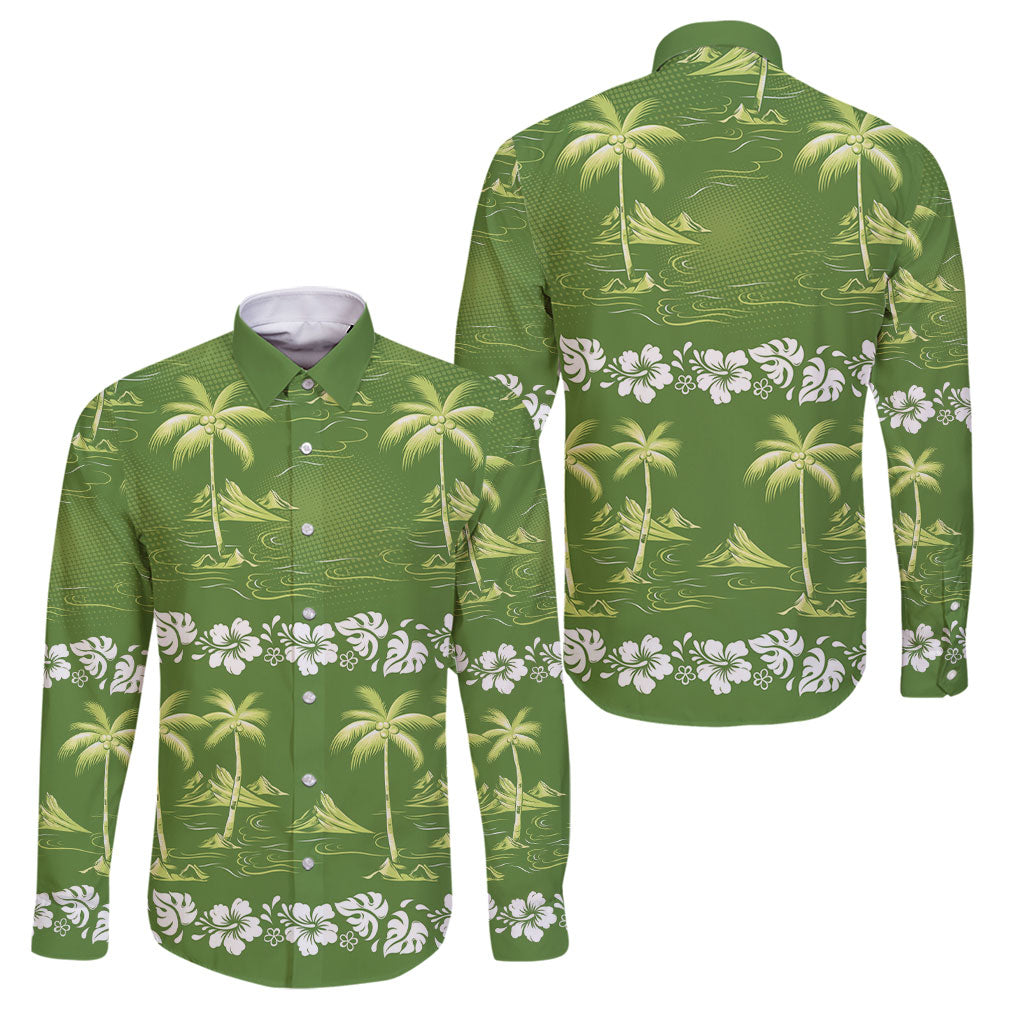 Olive Green Hawaii Palm Tree Hibiscus Family Matching Off The Shoulder Long Sleeve Dress and Hawaiian Shirt Fantasy Summer Vibe