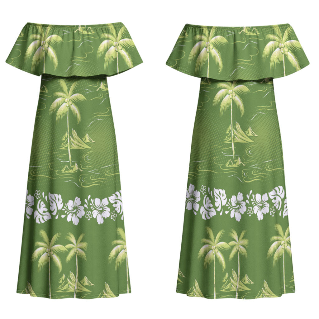 Olive Green Hawaii Palm Tree Hibiscus Family Matching Off Shoulder Maxi Dress and Hawaiian Shirt Fantasy Summer Vibe