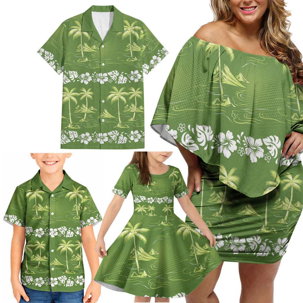 Olive Green Hawaii Palm Tree Hibiscus Family Matching Off Shoulder Short Dress and Hawaiian Shirt Fantasy Summer Vibe