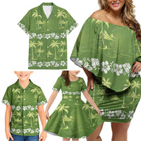 Olive Green Hawaii Palm Tree Hibiscus Family Matching Off Shoulder Short Dress and Hawaiian Shirt Fantasy Summer Vibe