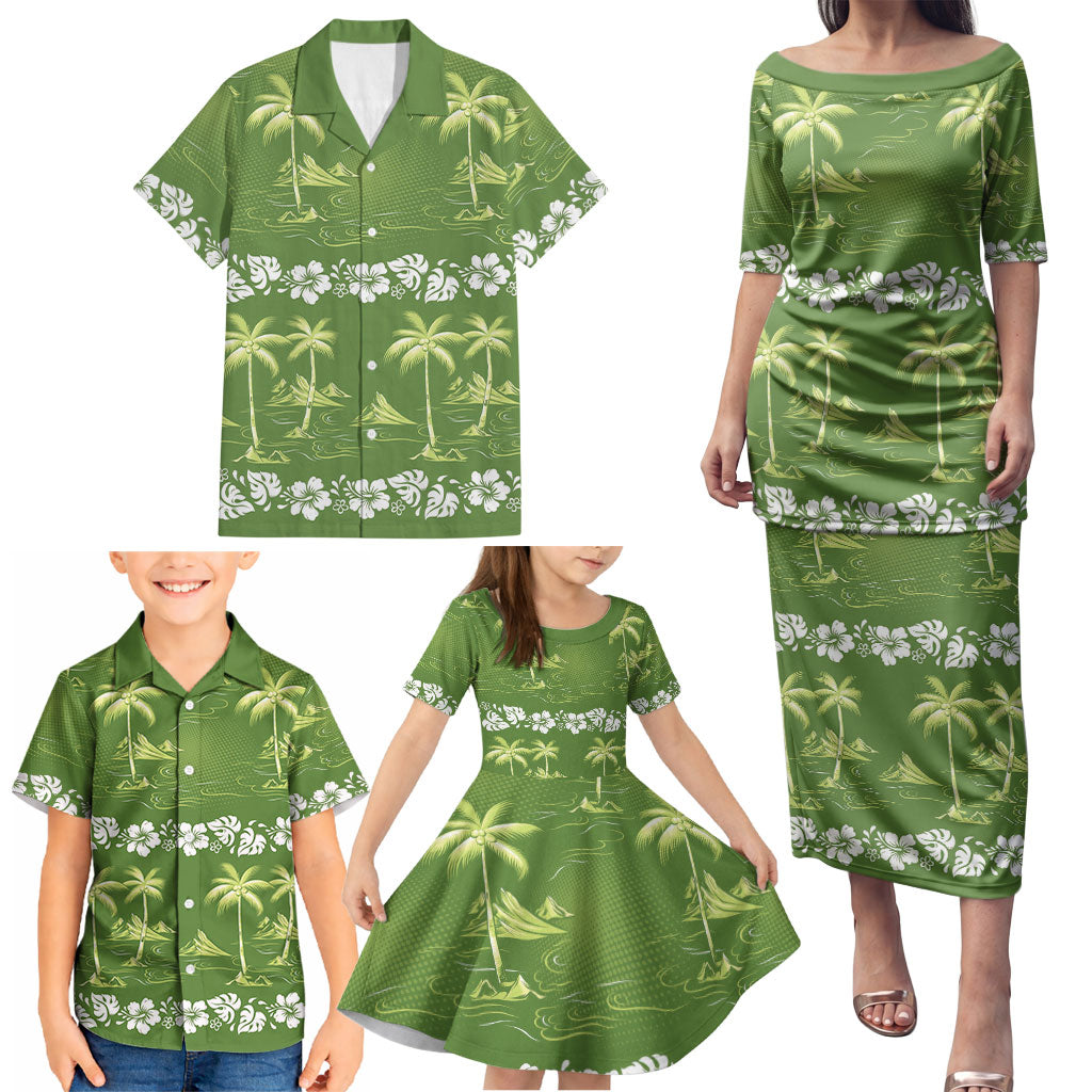 Olive Green Hawaii Palm Tree Hibiscus Family Matching Puletasi and Hawaiian Shirt Fantasy Summer Vibe