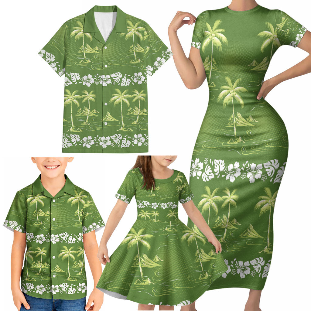 Olive Green Hawaii Palm Tree Hibiscus Family Matching Short Sleeve Bodycon Dress and Hawaiian Shirt Fantasy Summer Vibe