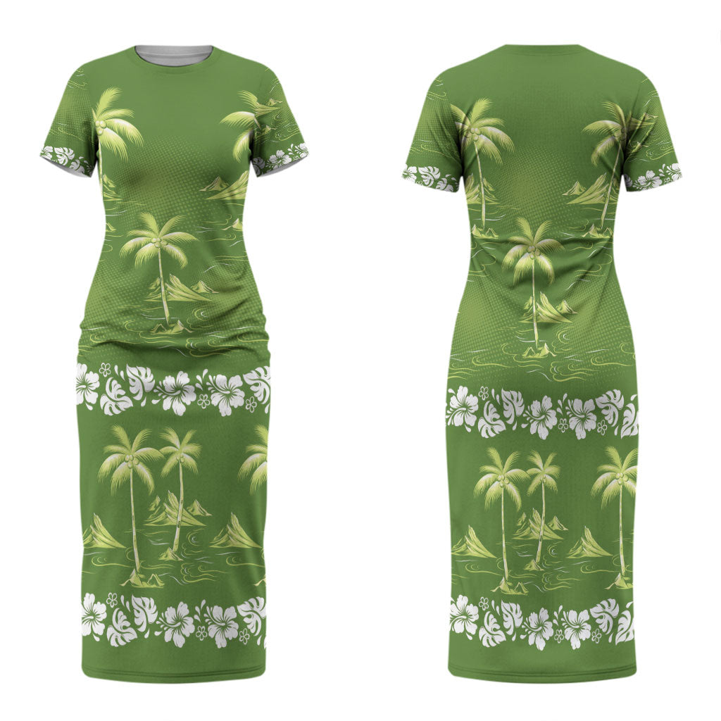 Olive Green Hawaii Palm Tree Hibiscus Family Matching Short Sleeve Bodycon Dress and Hawaiian Shirt Fantasy Summer Vibe