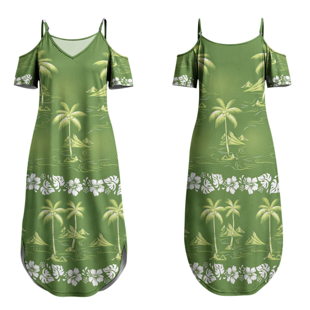 Olive Green Hawaii Palm Tree Hibiscus Family Matching Summer Maxi Dress and Hawaiian Shirt Fantasy Summer Vibe