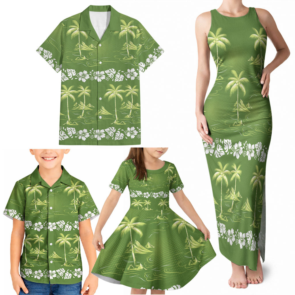 Olive Green Hawaii Palm Tree Hibiscus Family Matching Tank Maxi Dress and Hawaiian Shirt Fantasy Summer Vibe