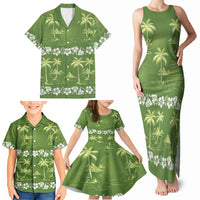 Olive Green Hawaii Palm Tree Hibiscus Family Matching Tank Maxi Dress and Hawaiian Shirt Fantasy Summer Vibe