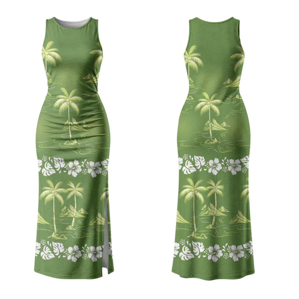 Olive Green Hawaii Palm Tree Hibiscus Family Matching Tank Maxi Dress and Hawaiian Shirt Fantasy Summer Vibe