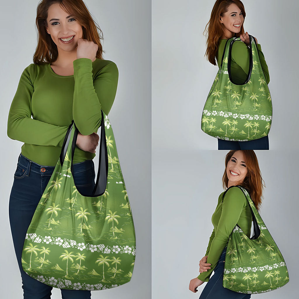 Olive Green Hawaii Palm Tree Hibiscus Grocery Bag Fantasy Summer Vibe