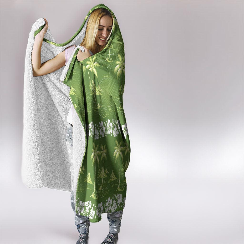 Olive Green Hawaii Palm Tree Hibiscus Hooded Blanket Fantasy Summer Vibe