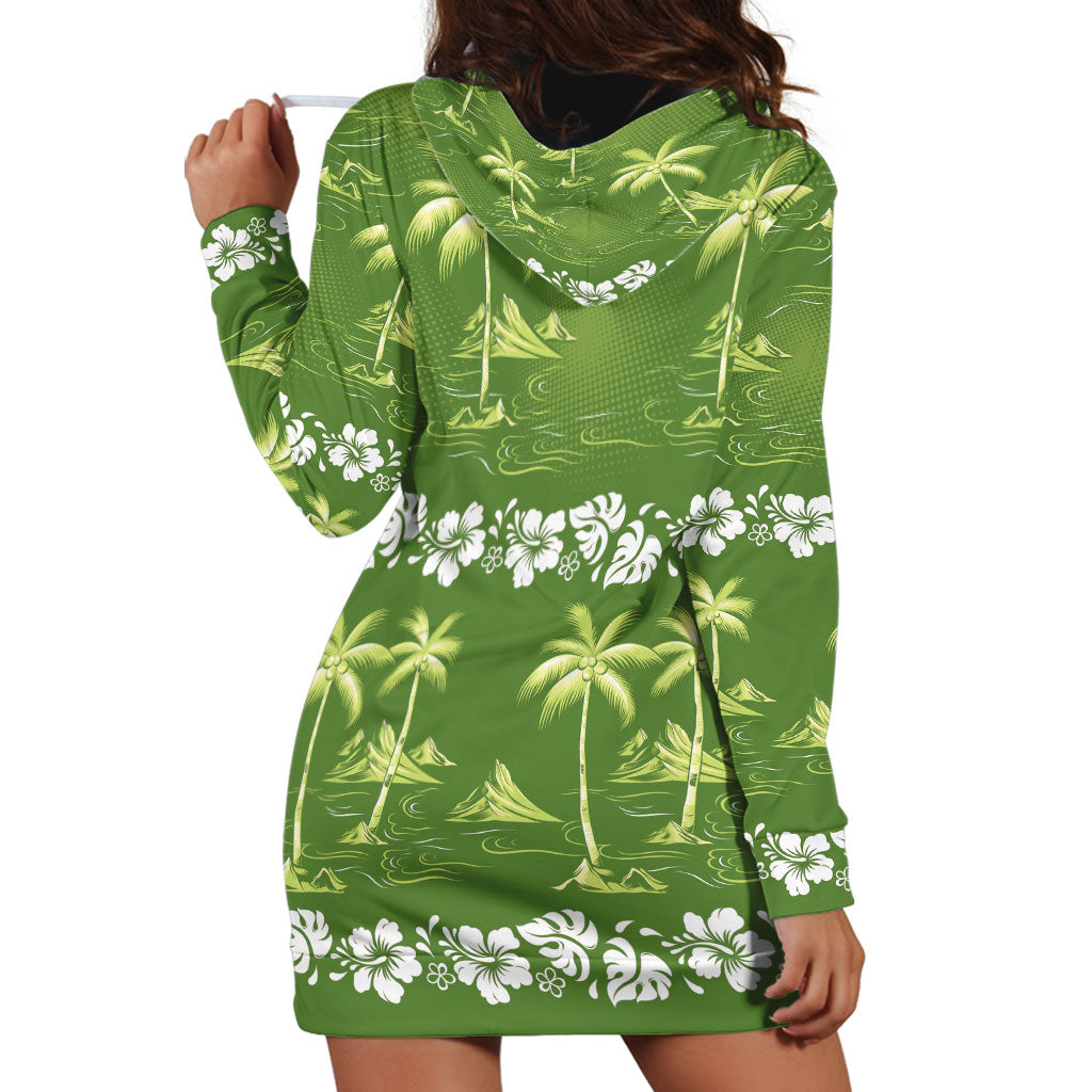 Olive Green Hawaii Palm Tree Hibiscus Hoodie Dress Fantasy Summer Vibe