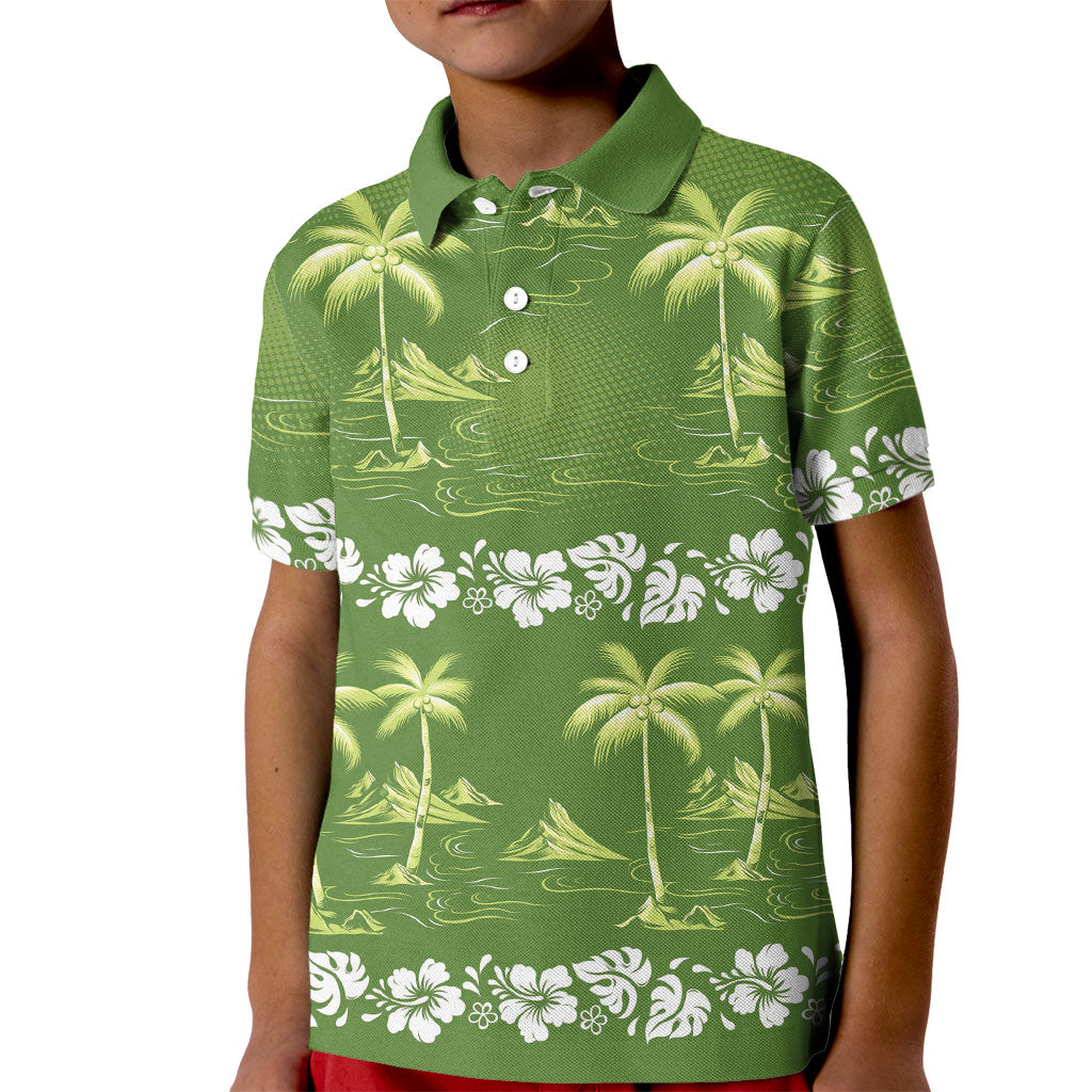 Olive Green Hawaii Palm Tree Hibiscus Kid Polo Shirt Fantasy Summer Vibe