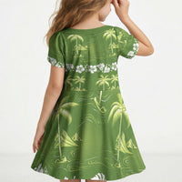 Olive Green Hawaii Palm Tree Hibiscus Kid Short Sleeve Dress Fantasy Summer Vibe