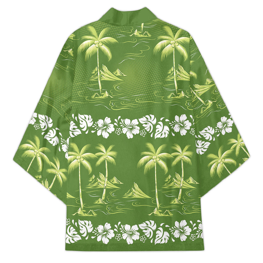 Olive Green Hawaii Palm Tree Hibiscus Kimono Fantasy Summer Vibe