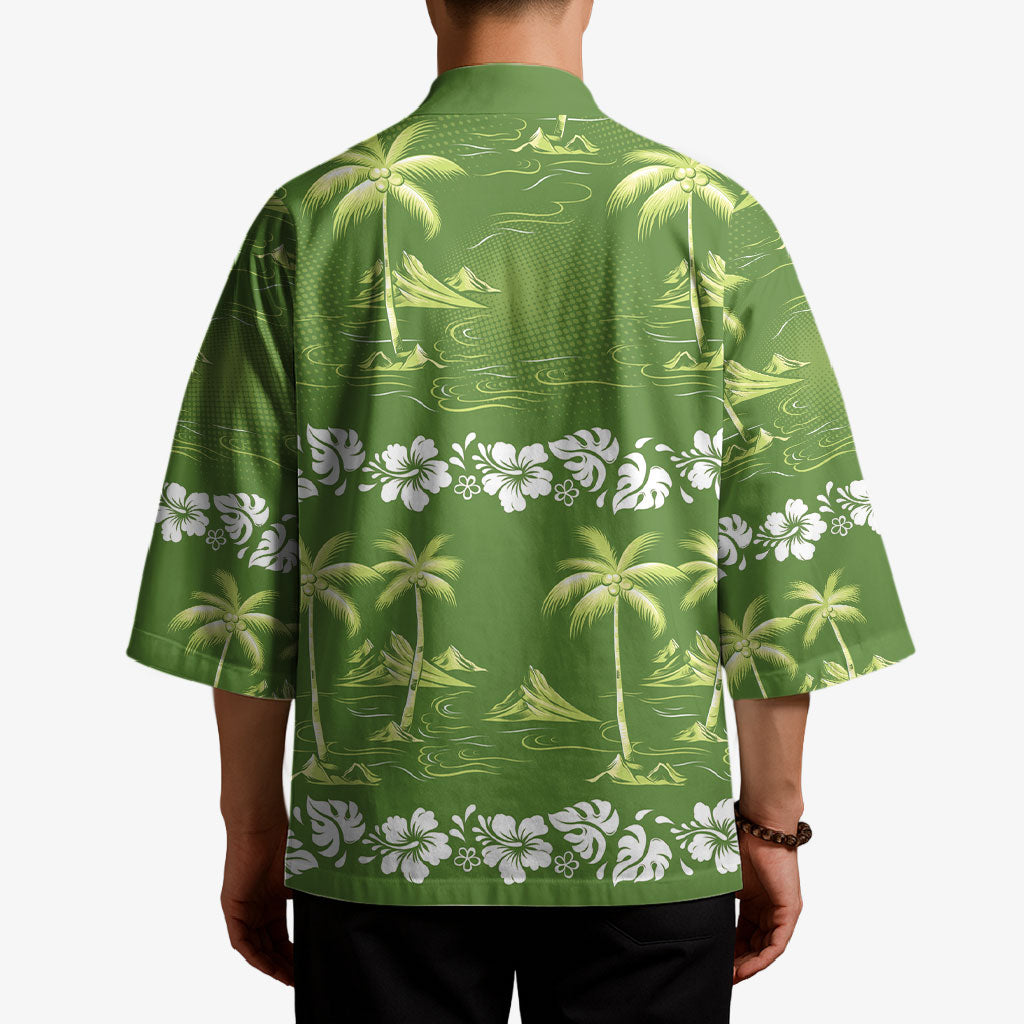 Olive Green Hawaii Palm Tree Hibiscus Kimono Fantasy Summer Vibe