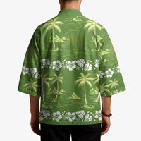 Olive Green Hawaii Palm Tree Hibiscus Kimono Fantasy Summer Vibe