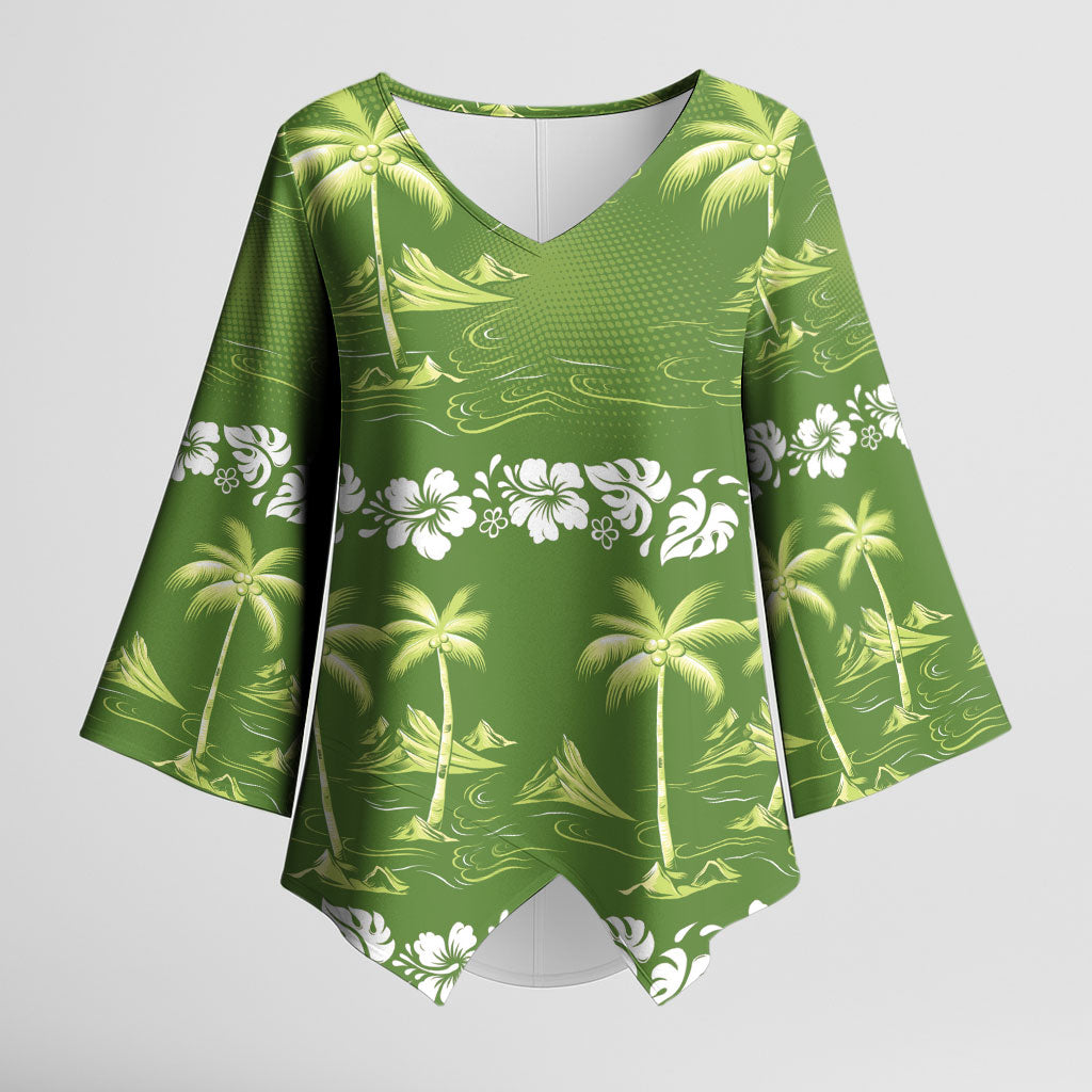 Olive Green Hawaii Palm Tree Hibiscus Kimono Sleeve Blouse Fantasy Summer Vibe