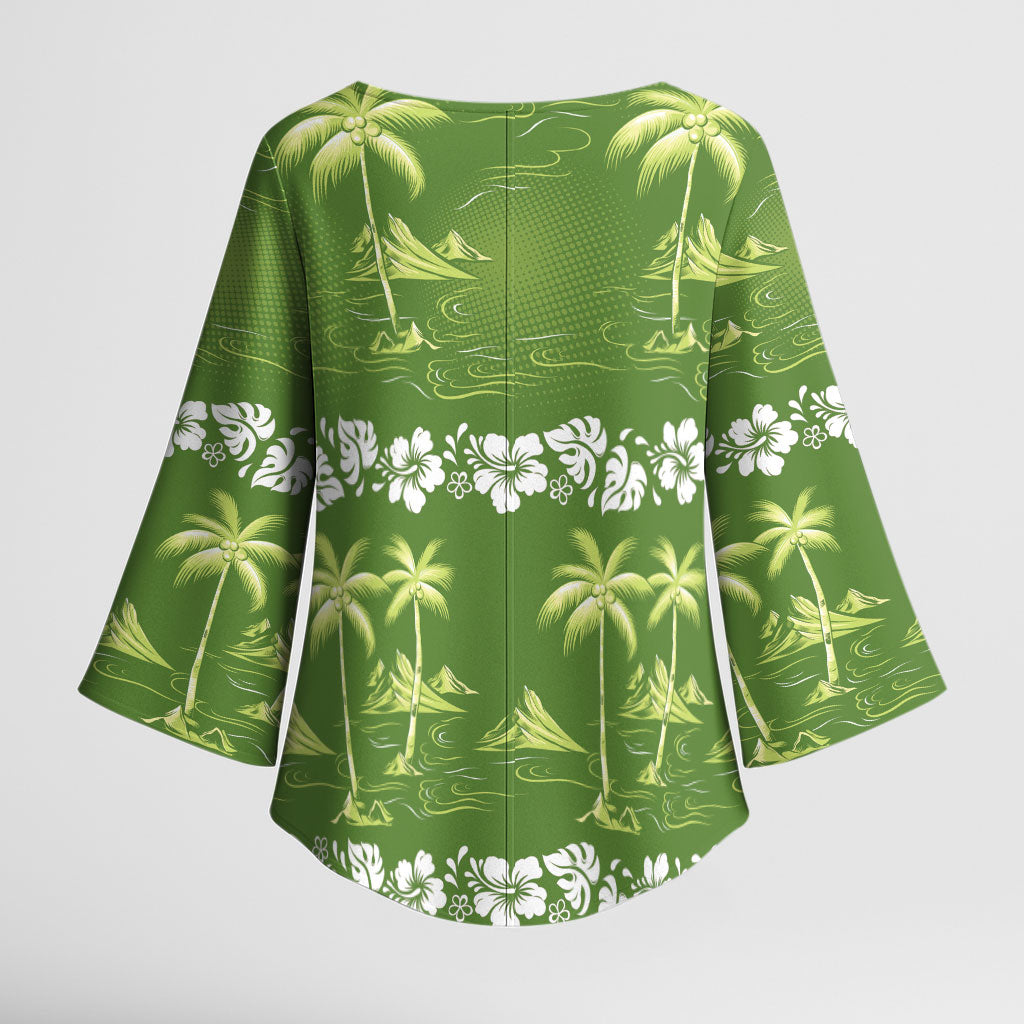 Olive Green Hawaii Palm Tree Hibiscus Kimono Sleeve Blouse Fantasy Summer Vibe